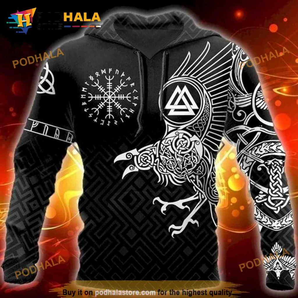Mystical Black Raven 3d Hoodie Featuring Norse Symbols And Geometric Patterns