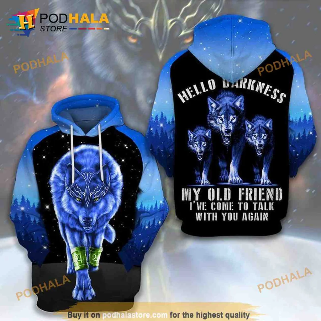 Mystical Blue Wolf 3d Hoodie, Hello Darkness My Old Friend Design