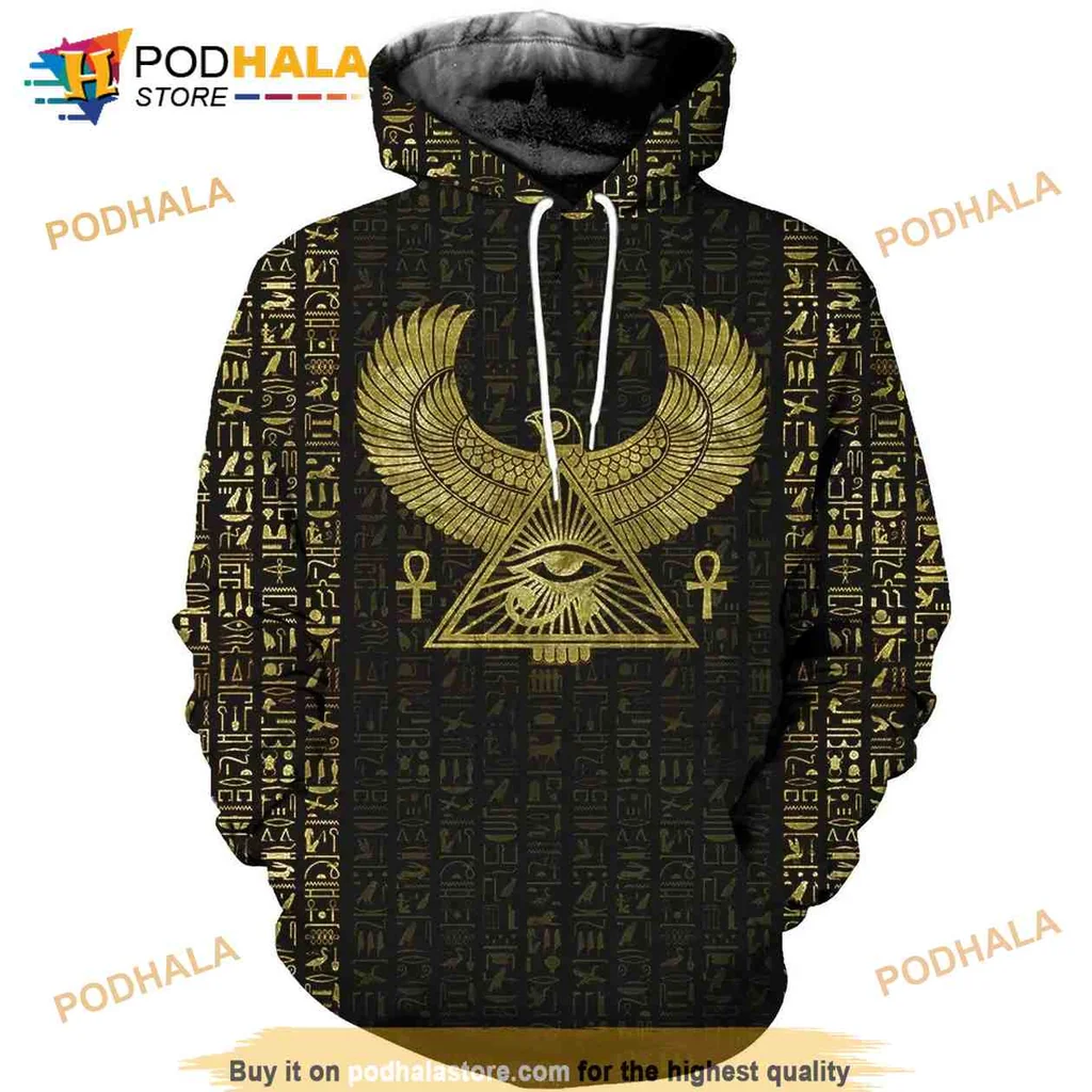 Mystical Eye Of Horus 3d Hoodie Featuring Golden Triangle And Hieroglyphics