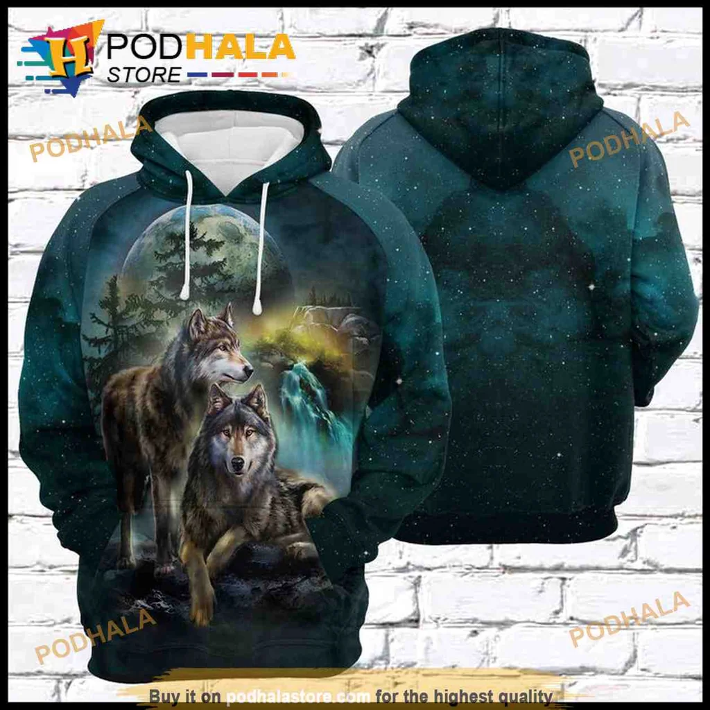 Mystical Gray Wolf Couple 3d Hoodie With Forest And Moon Design