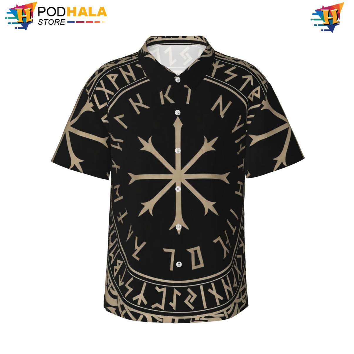 Mystical Norse Hawaiian Shirt, Black Button Down With Beige Runes For Beach Outings