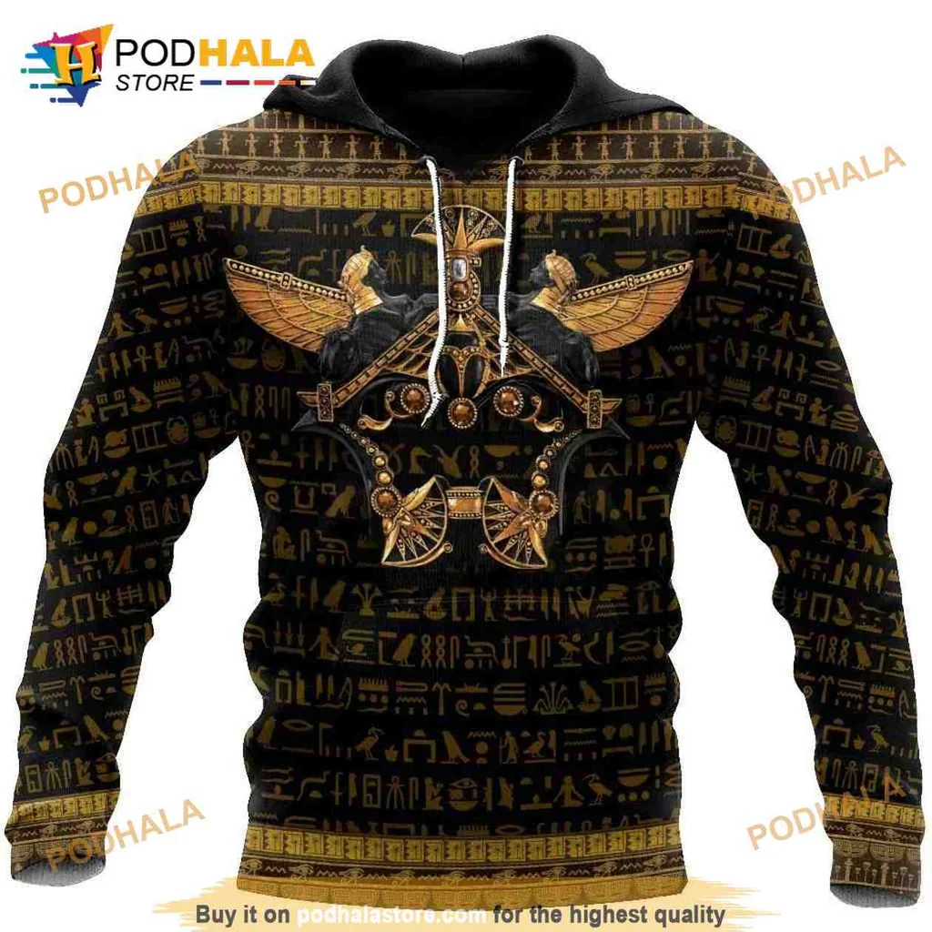Mystical Scarab Beetle 3d Hoodie With Golden Hieroglyphics Design