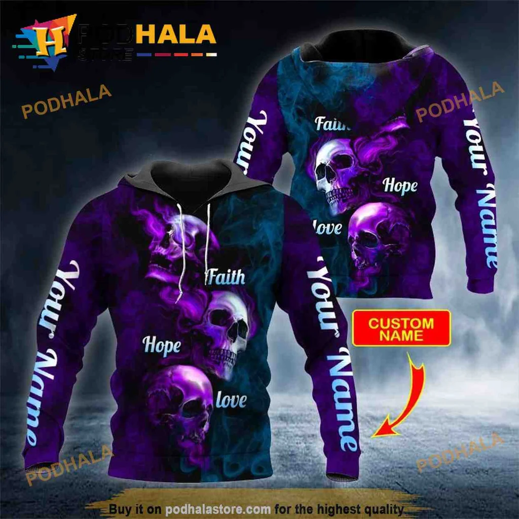 Mystical Skull Faith Hope Love 3d Hoodie With Edgy Purple And Blue Smoke