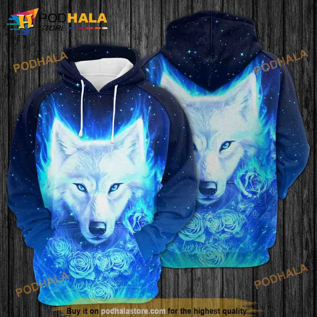 Mystical Wolf Face 3d Hoodie With Striking Blue Eyes And Artistic Roses
