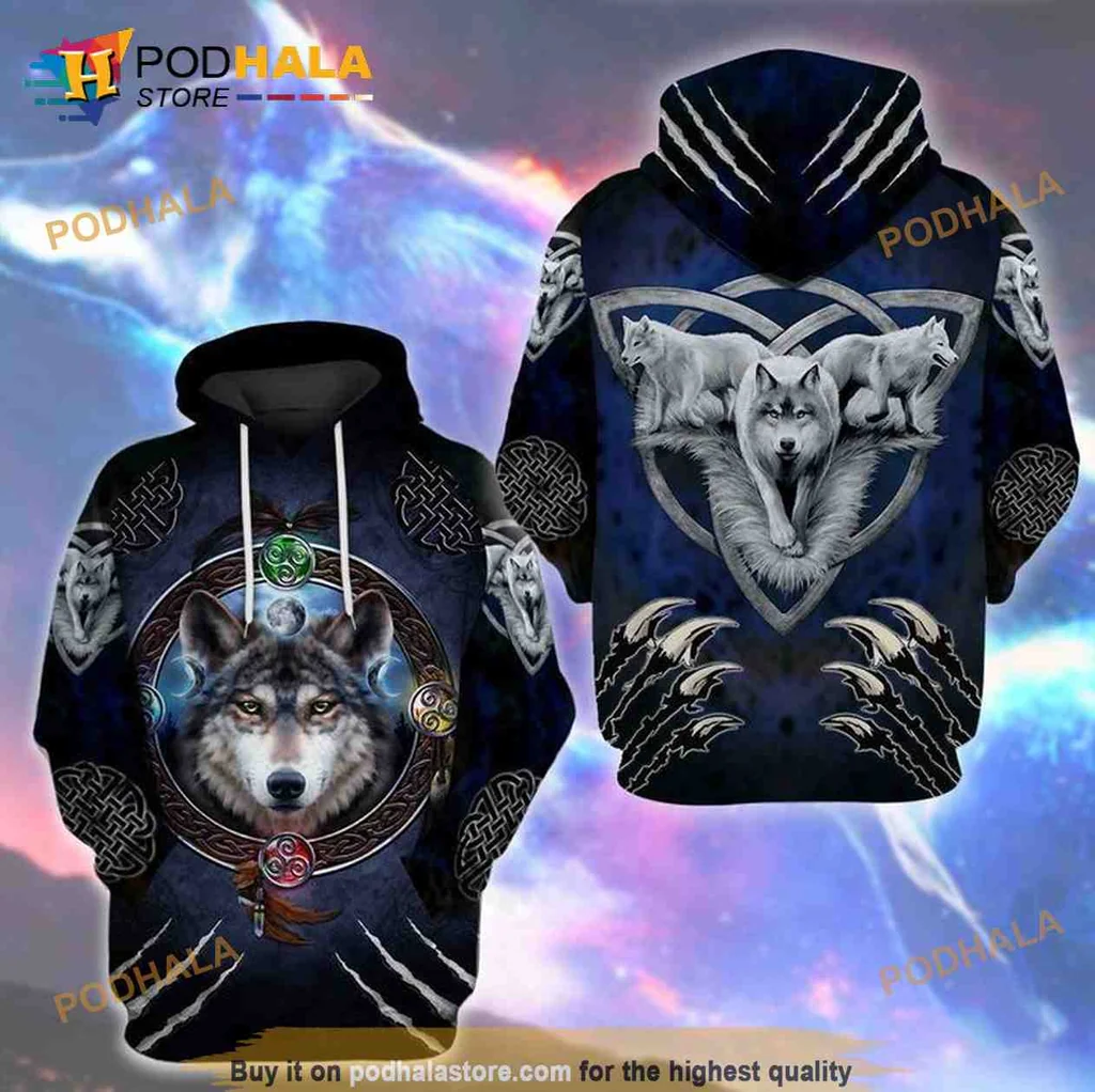 Mystical Wolf Family 3d Hoodie With Tribal Design And Cosmic Background