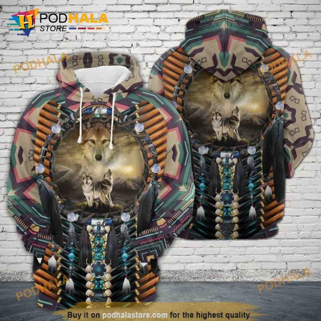 Mystical Wolf Native American 3d Hoodie With Full Moon Landscape Design