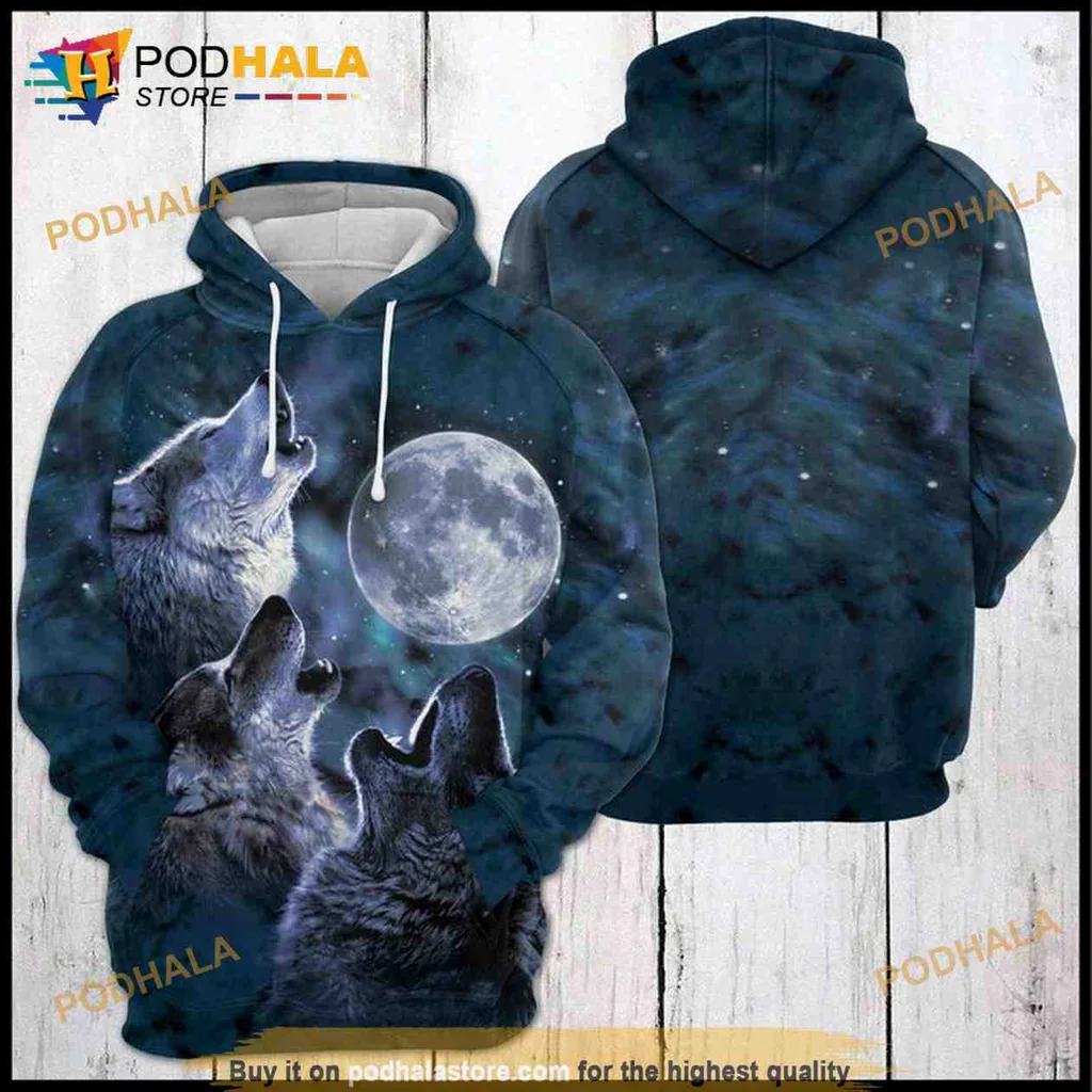 Mystical Wolves Howling Moon 3d Hoodie Featuring Night Sky Design
