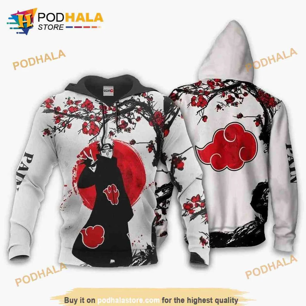 Nagato Akatsuki 3d Hoodie With Red Moon And Cherry Blossoms
