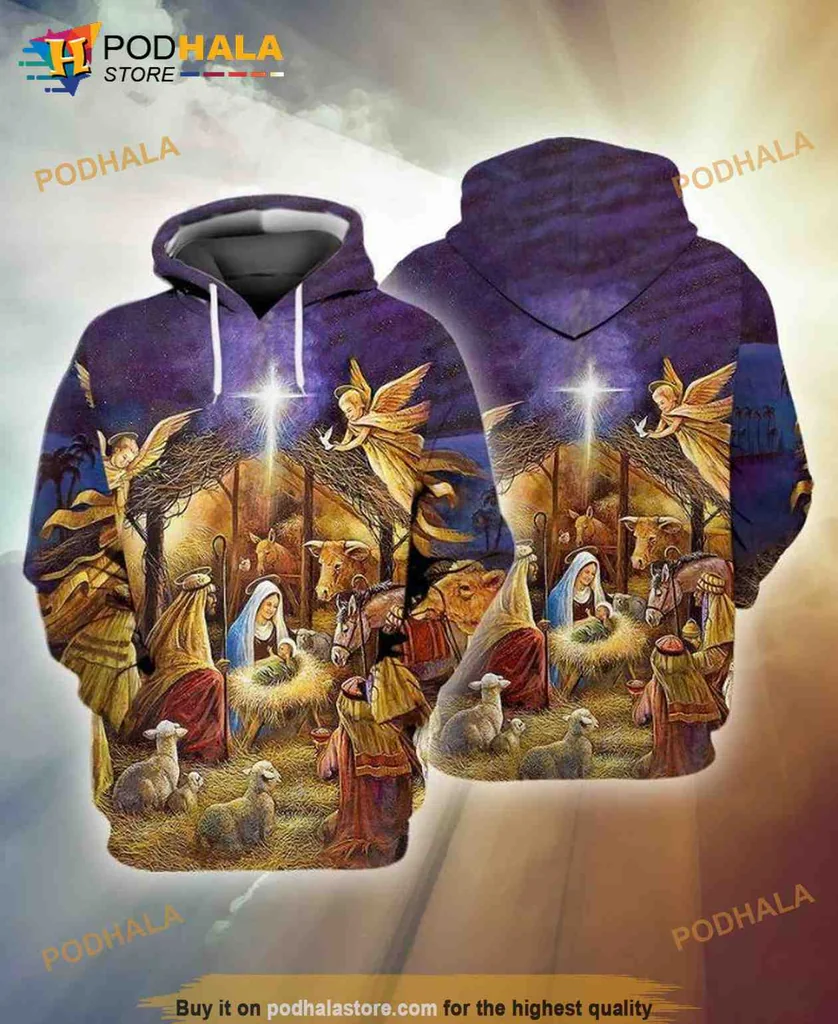 Nativity Scene 3d Hoodie Featuring Holy Family And Bright Star