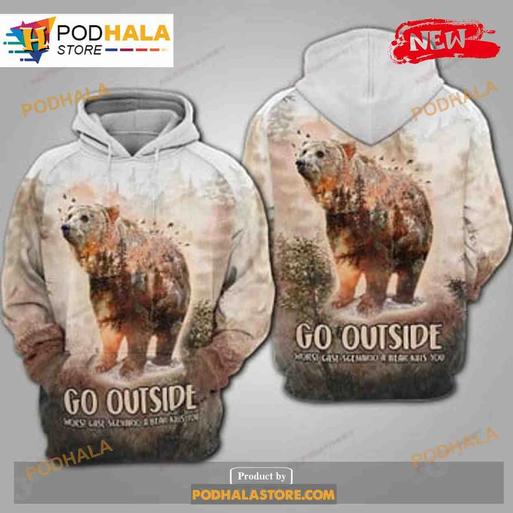 Nature Inspired Bear Camping 3d Hoodie With Go Outside Slogan