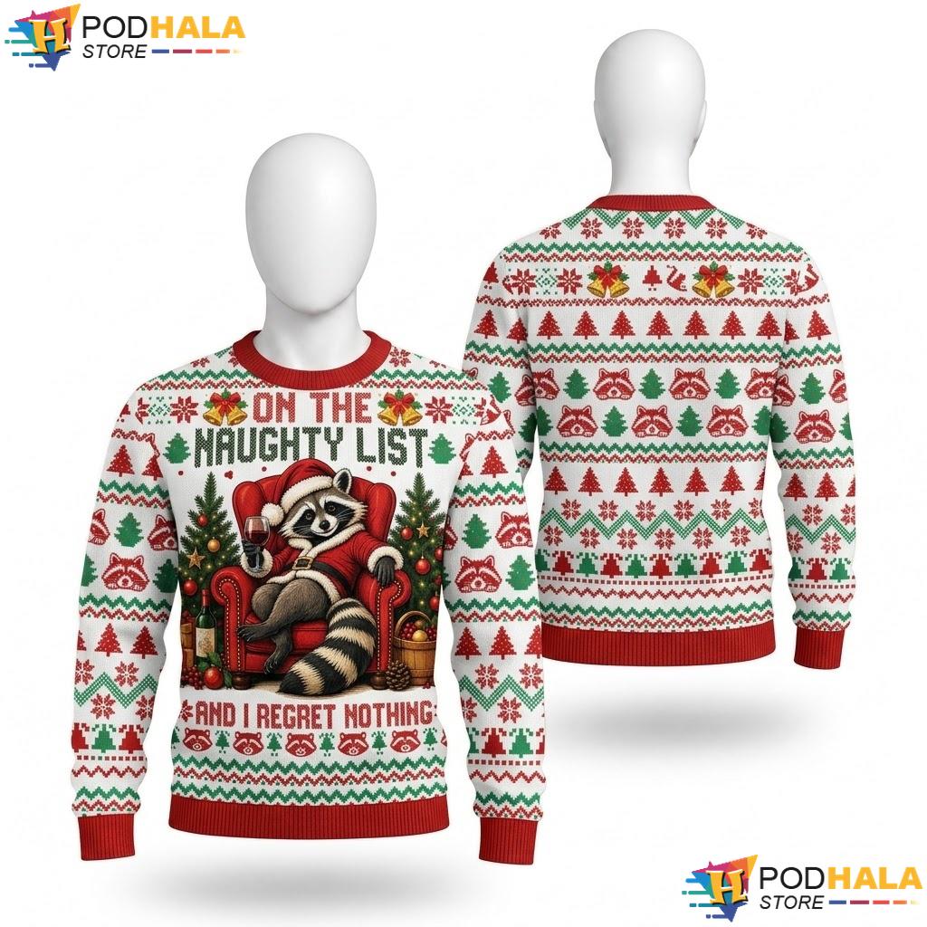 Naughty Raccoon Ugly Christmas Sweater Playful List Holiday Pullover