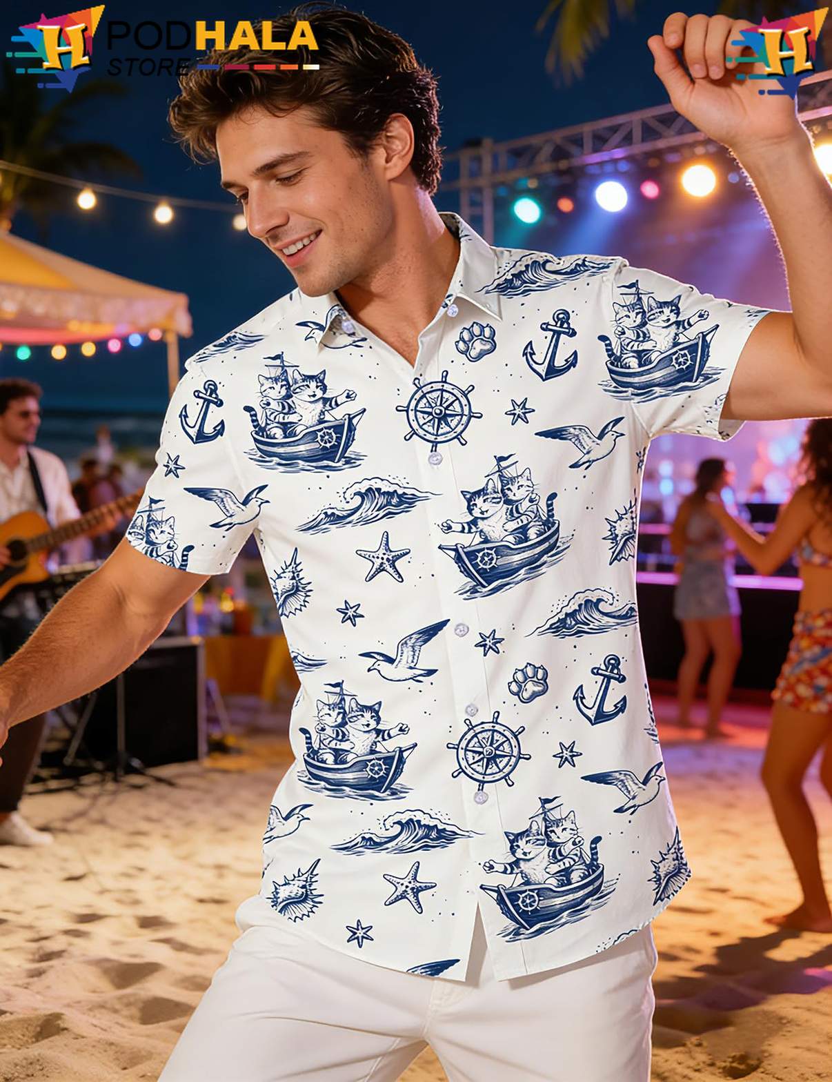 Nautical Blue Cowboy Hawaiian Shirt White Western Mens Summer Beach Top