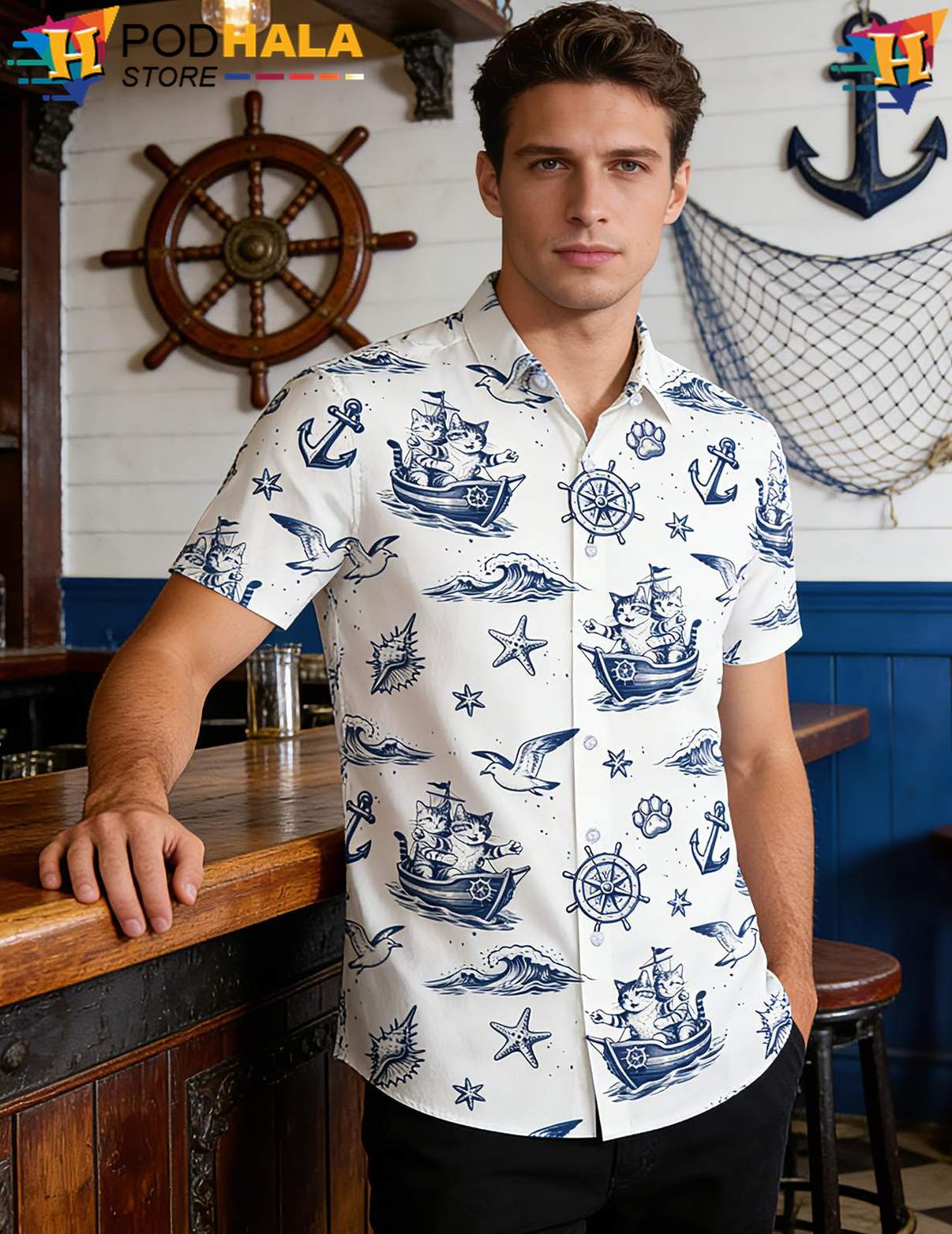 Nautical Blue Cowboy Aloha Shirt White Western Mens Summer Beach Top Nautical Blue Cowboy Aloha Shirt White Western Mens Summer Beach Top