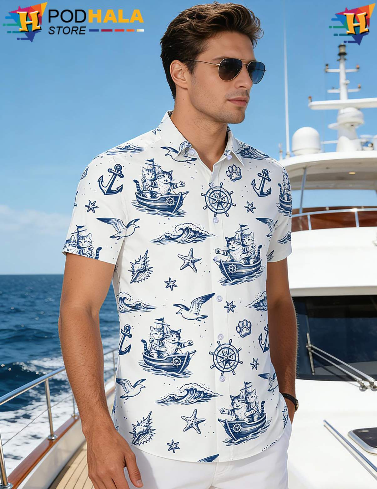Nautical Blue Cowboy Short-sleeve button-up shirt White Western Mens Summer Beach Top Nautical Blue Cowboy Short-sleeve button-up shirt White Western Mens Summer Beach Top
