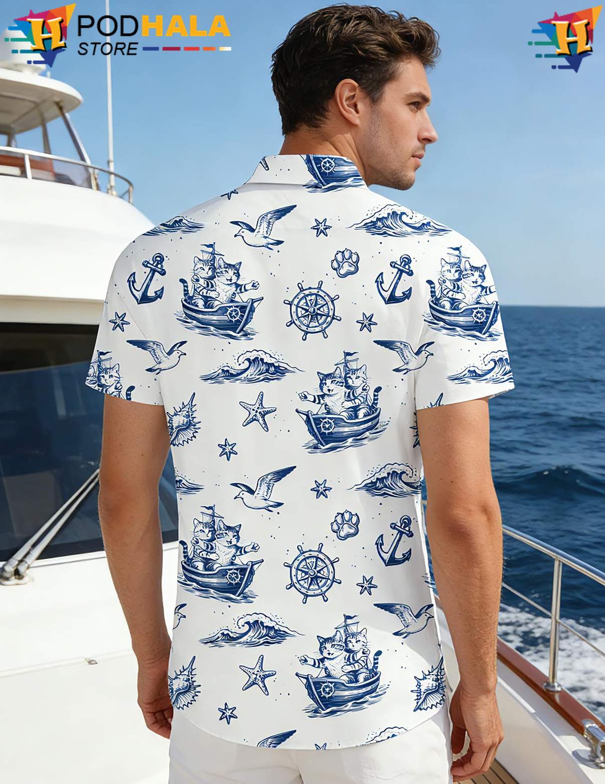 Nautical Blue Cowboy Aloha Shirt White Western Mens Summer Beach Top Nautical Blue Cowboy Aloha Shirt White Western Mens Summer Beach Top