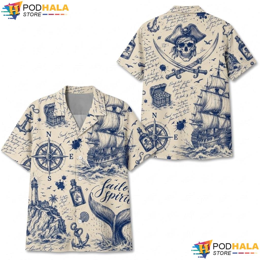 Navy Blue Beige Pirate Aloha Shirt Vintage Nautical Casual Summer Top