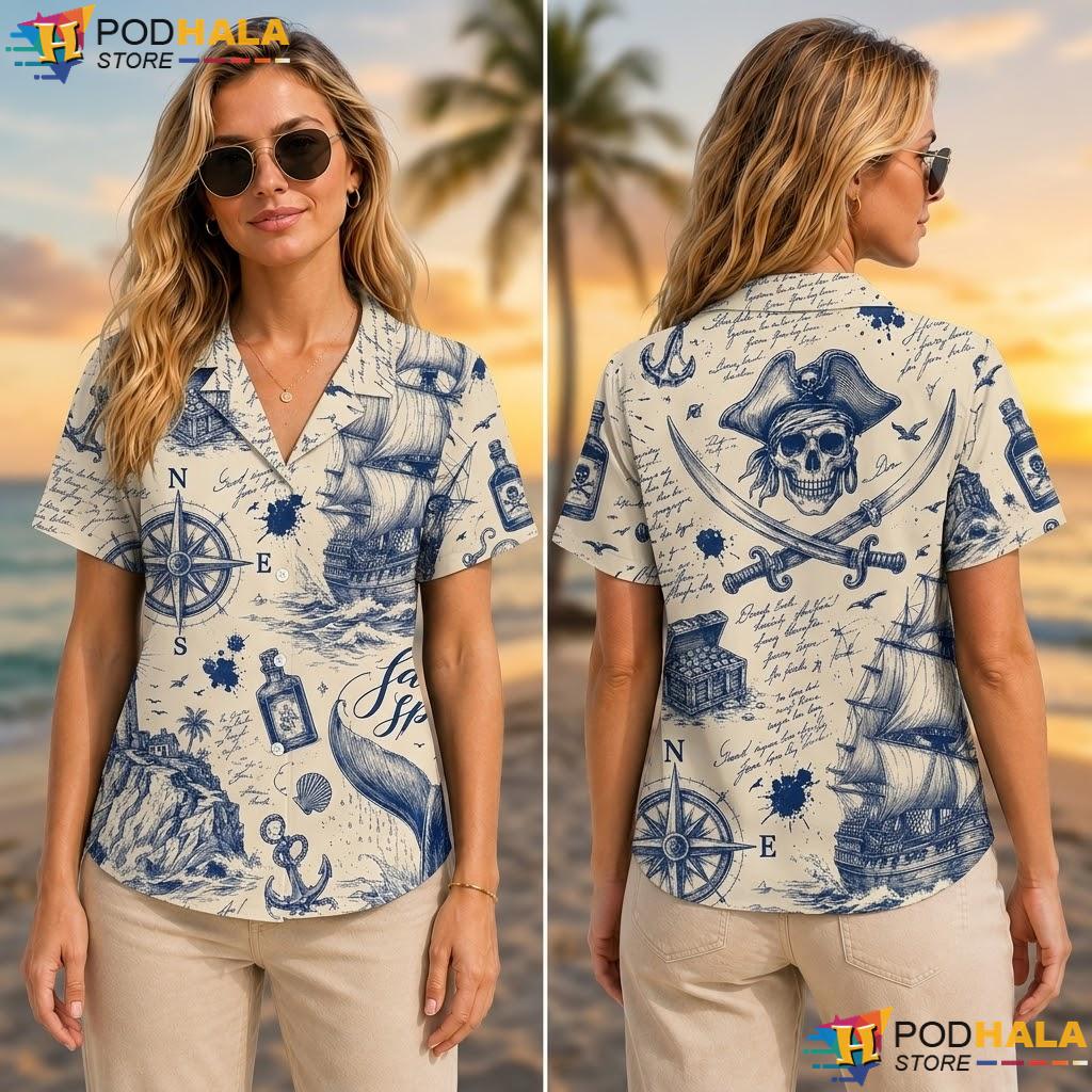 Navy Blue Beige Pirate Tropical Shirt Vintage Nautical Casual Summer Top Navy Blue Beige Pirate Tropical Shirt Vintage Nautical Casual Summer Top