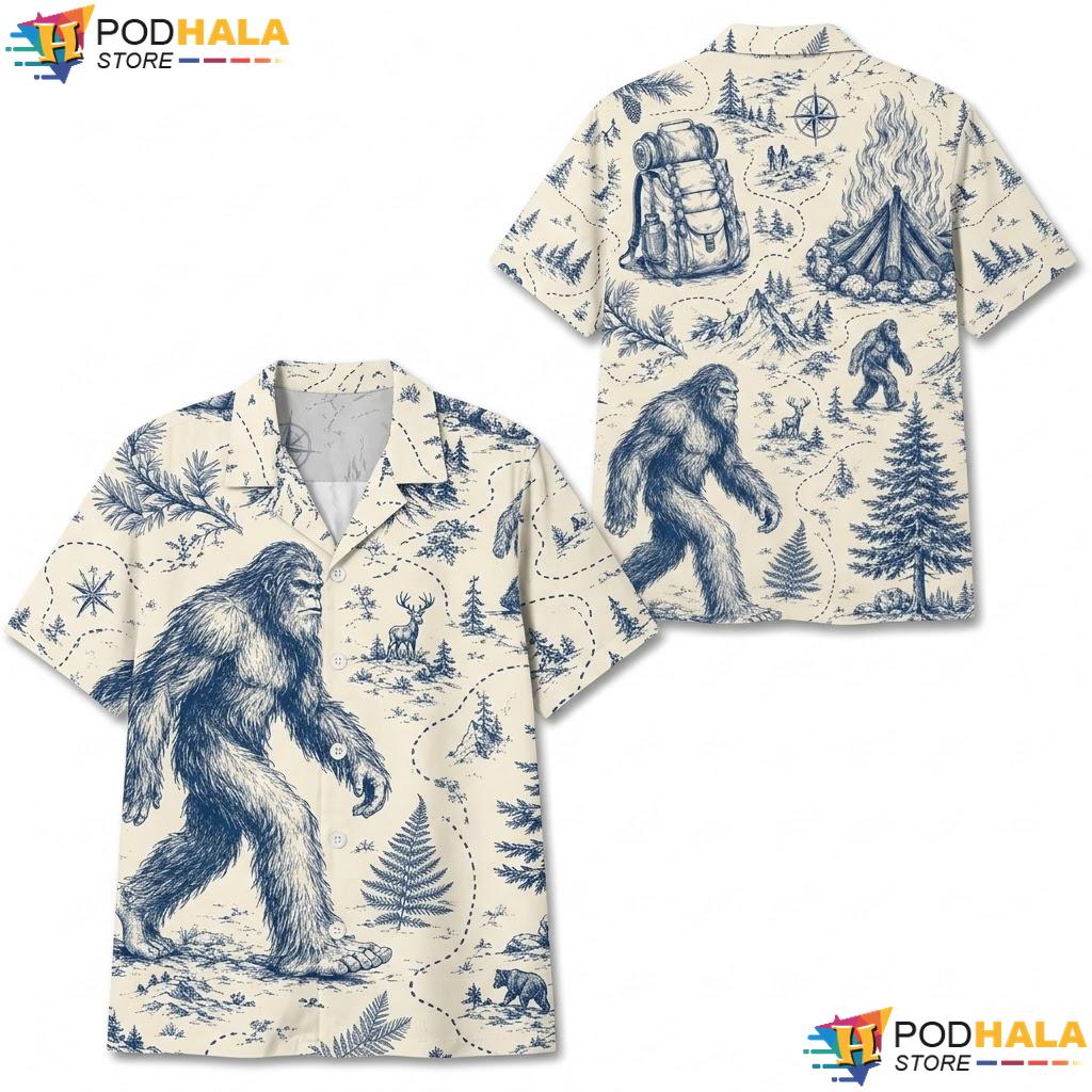 Navy Blue Bigfoot Hawaiian Shirt Whimsical Graphic Summer Casual Top
