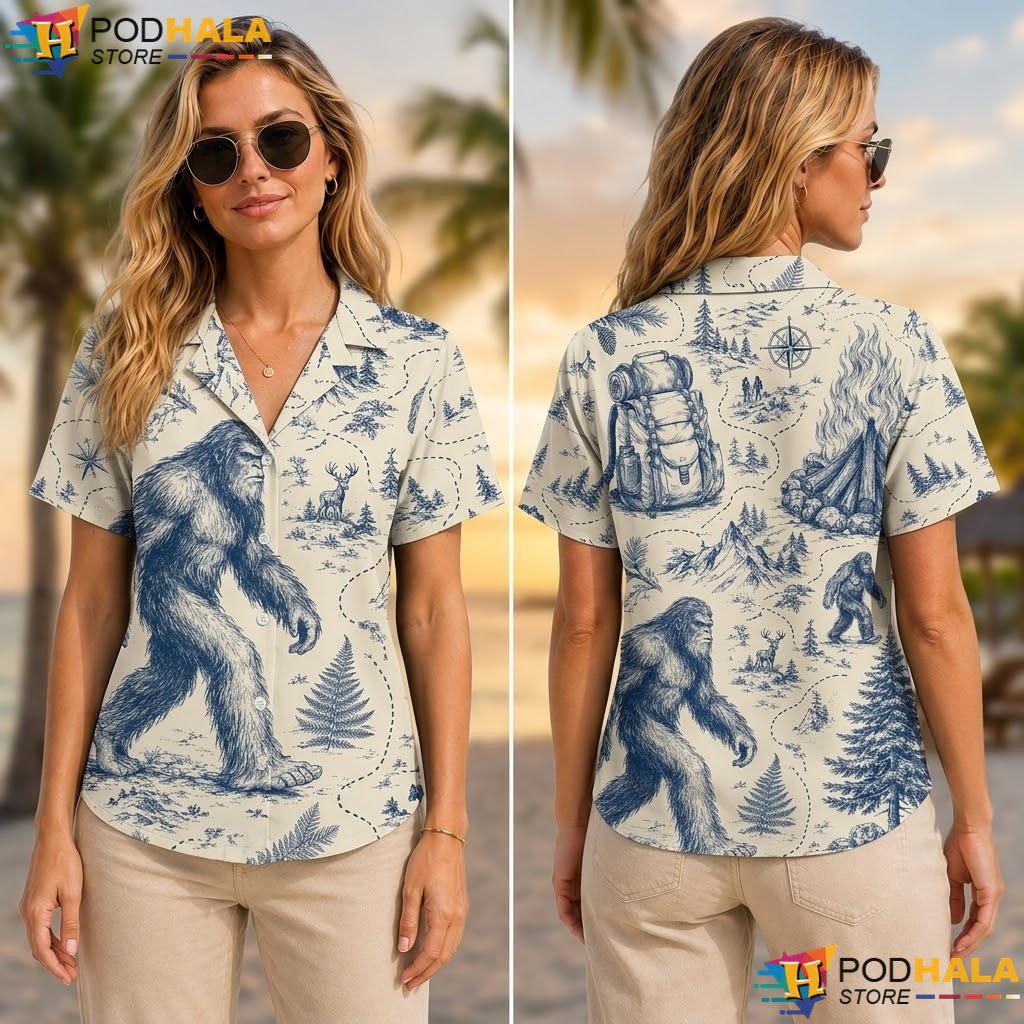 Navy Blue Bigfoot Aloha Shirt Whimsical Graphic Summer Casual Top Navy Blue Bigfoot Aloha Shirt Whimsical Graphic Summer Casual Top