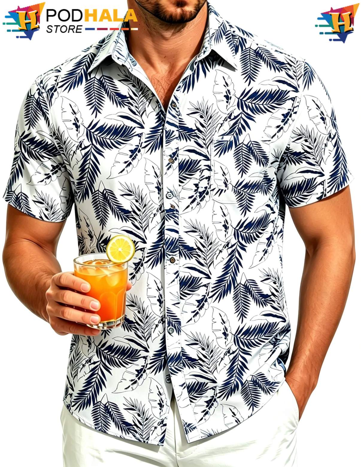 Navy Leaf Hawaiian Shirt White Mens Short Sleeve Casual Summer Beach Top