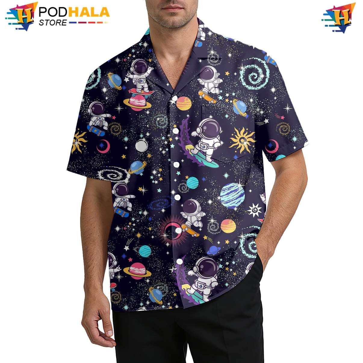 Navy Space Astronaut Hawaiian Shirt Mens Funny Summer Beach Resort Wear
