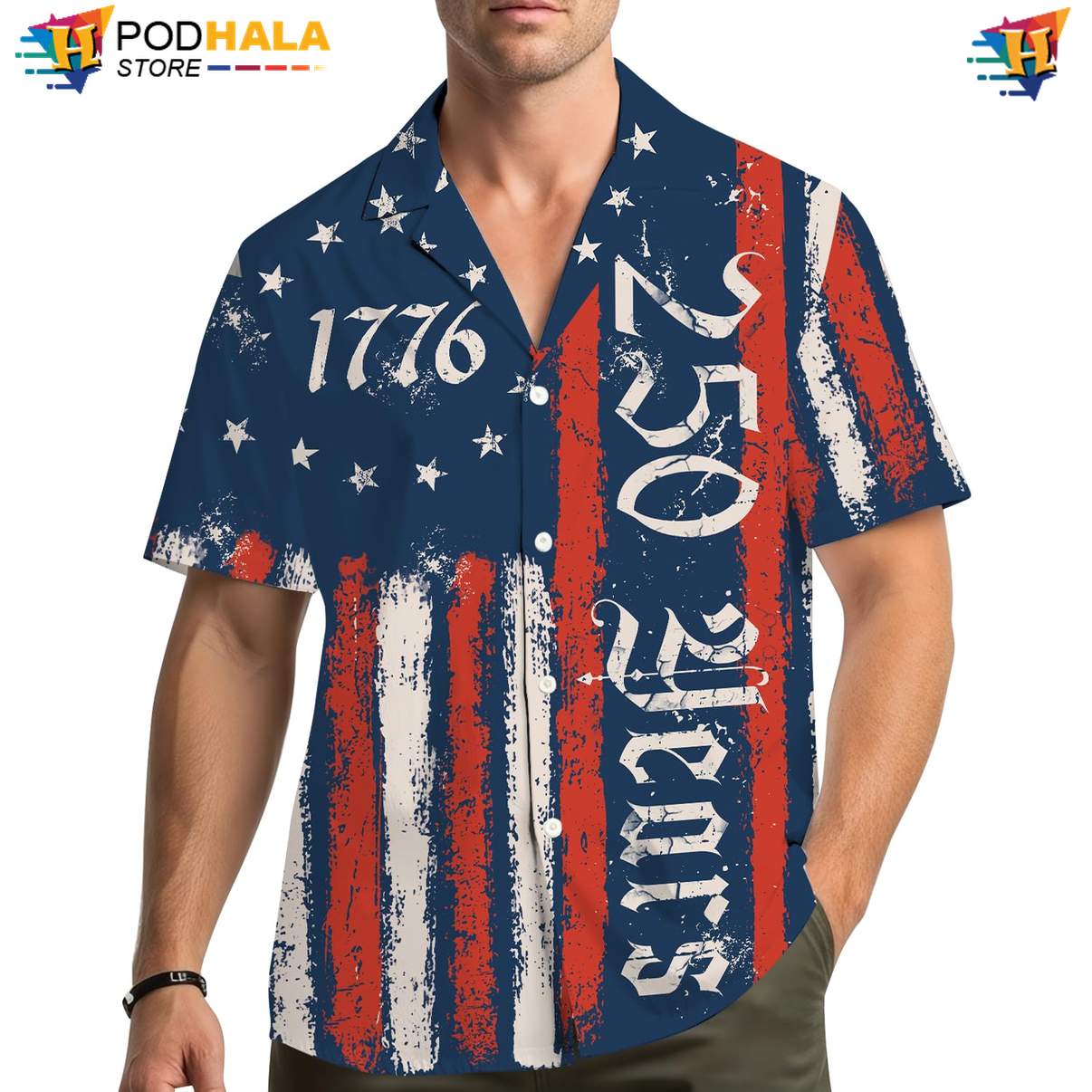 Navy USA 250th Anniversary Hawaiian Shirt Mens Patriotic Fourth Of July