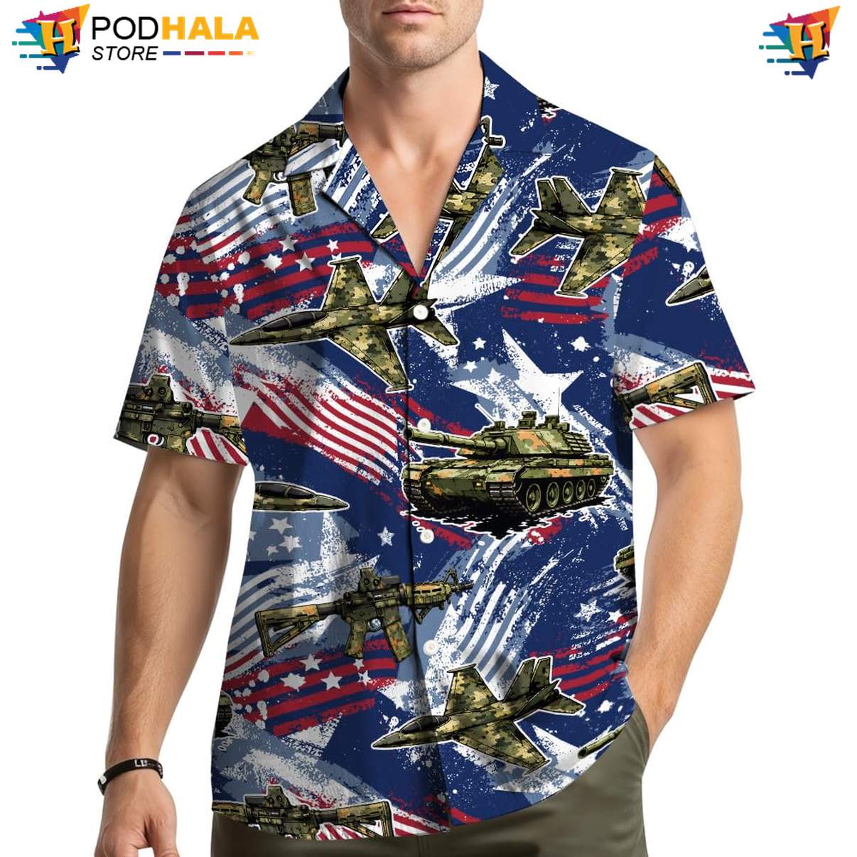 Navy USA Flag Aircraft Aloha Shirt Mens Patriotic Fourth Of July Gear Top
