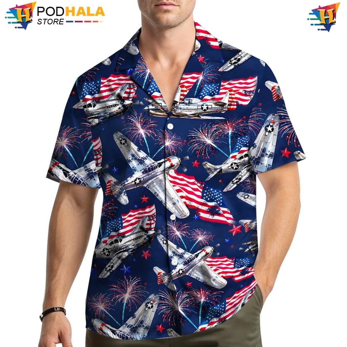 Navy USA Flag Airplane Hawaiian Shirt Mens Patriotic Fourth Of July Top