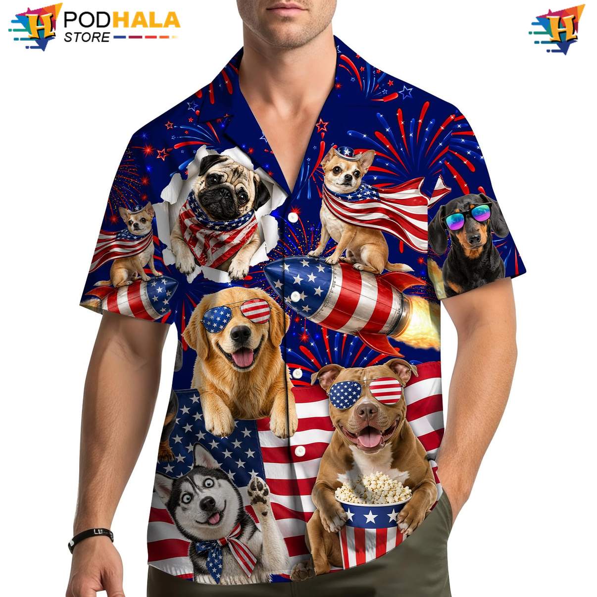 Navy USA Flag Dog Aloha Shirt Mens Patriotic Fourth Of July Beach Outfit