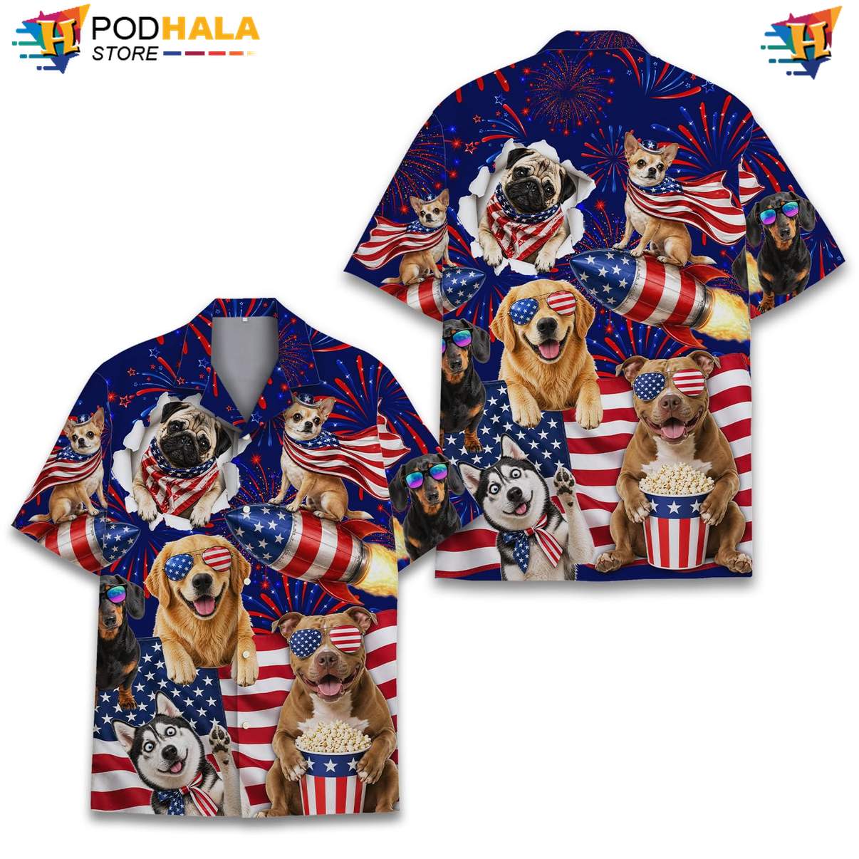 Navy USA Flag Dog Tropical Shirt Mens Patriotic Fourth Of July Beach Outfit Navy USA Flag Dog Tropical Shirt Mens Patriotic Fourth Of July Beach Outfit