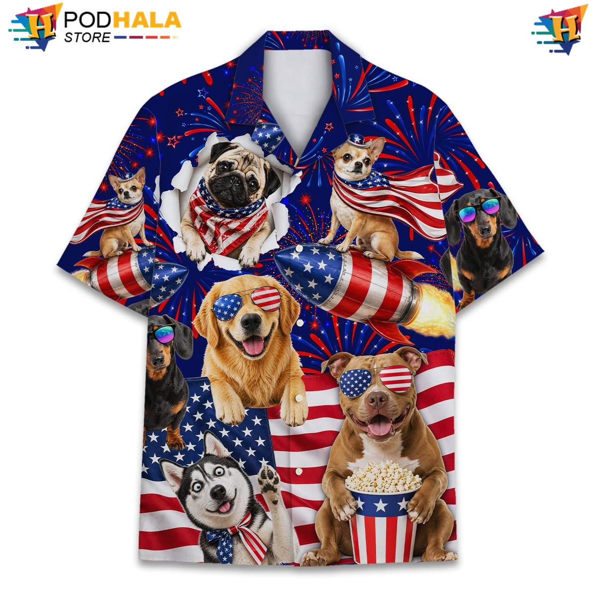 Navy USA Flag Dog Short-sleeve button-up shirt Mens Patriotic Fourth Of July Beach Outfit Navy USA Flag Dog Short-sleeve button-up shirt Mens Patriotic Fourth Of July Beach Outfit