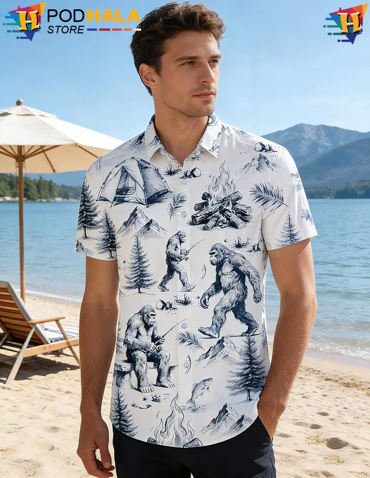 Navy White Cowboy Hawaiian Shirt Western Mens Short Sleeve Beach Outfit