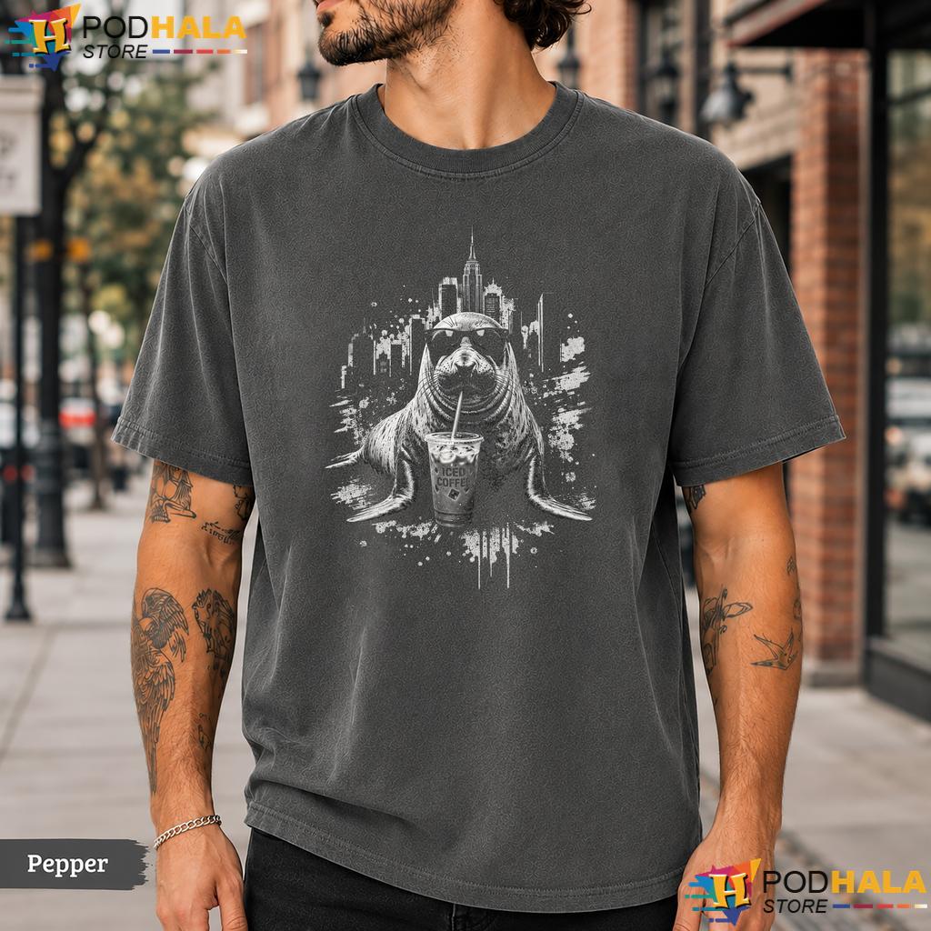 Neil The Seal Comfort Colors T-Shirt Drinking Iced Coffee Animal Meme Top