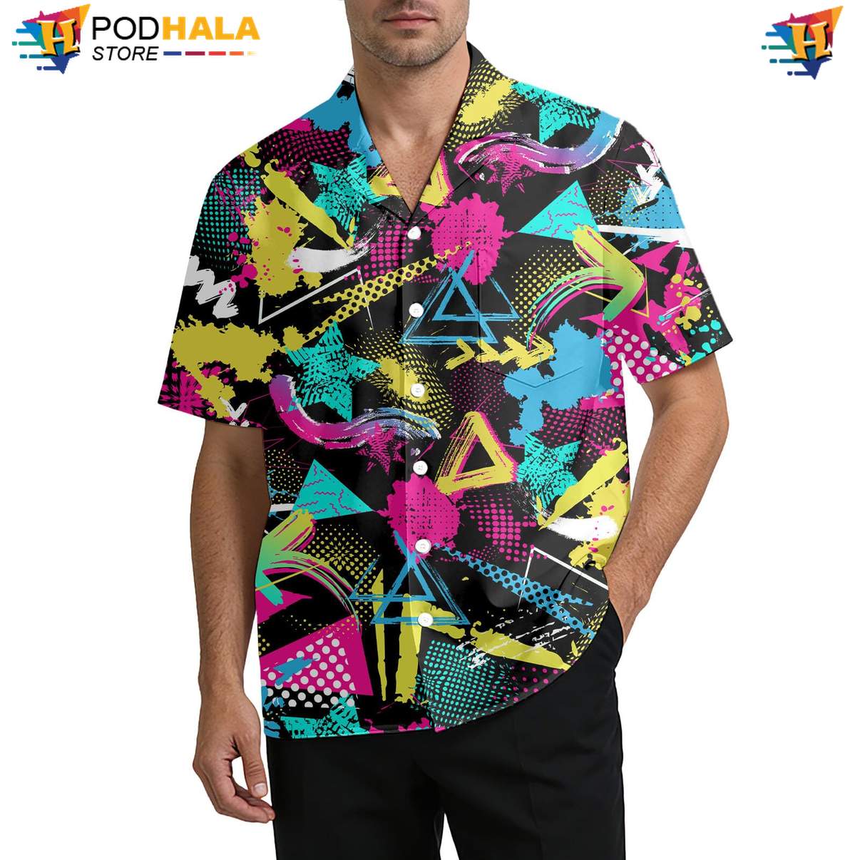 Neon 80s Retro Aloha Shirt Mens Funny Summer Beach Party Festival Outfit