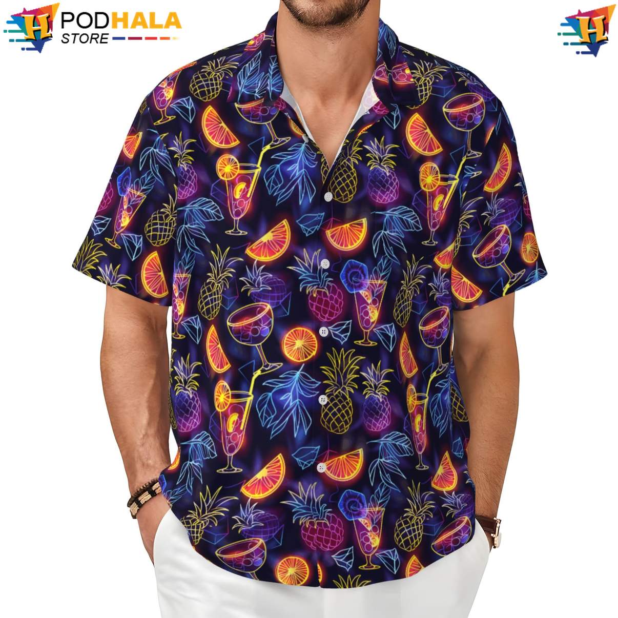 Neon Beer Hawaiian Shirt Funny Mens Short Sleeve Button Up Beachwear