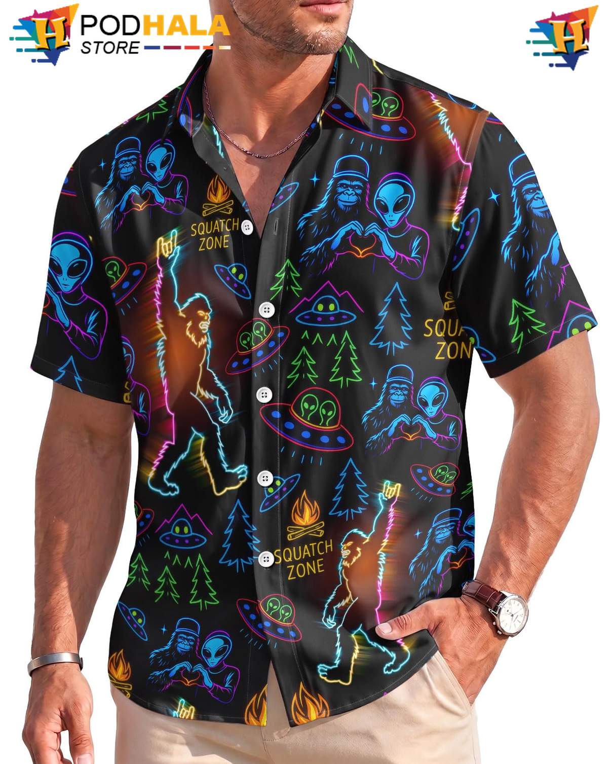 Neon Bigfoot Aloha Shirt Mens Tropical Stretch Lightweight Beach Resort Top