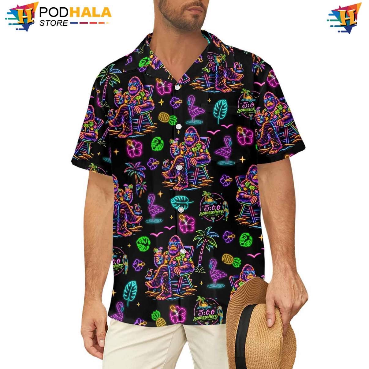 Neon Bigfoot Hawaiian Shirt Mens Funny Summer Beach Party Holiday Outfit
