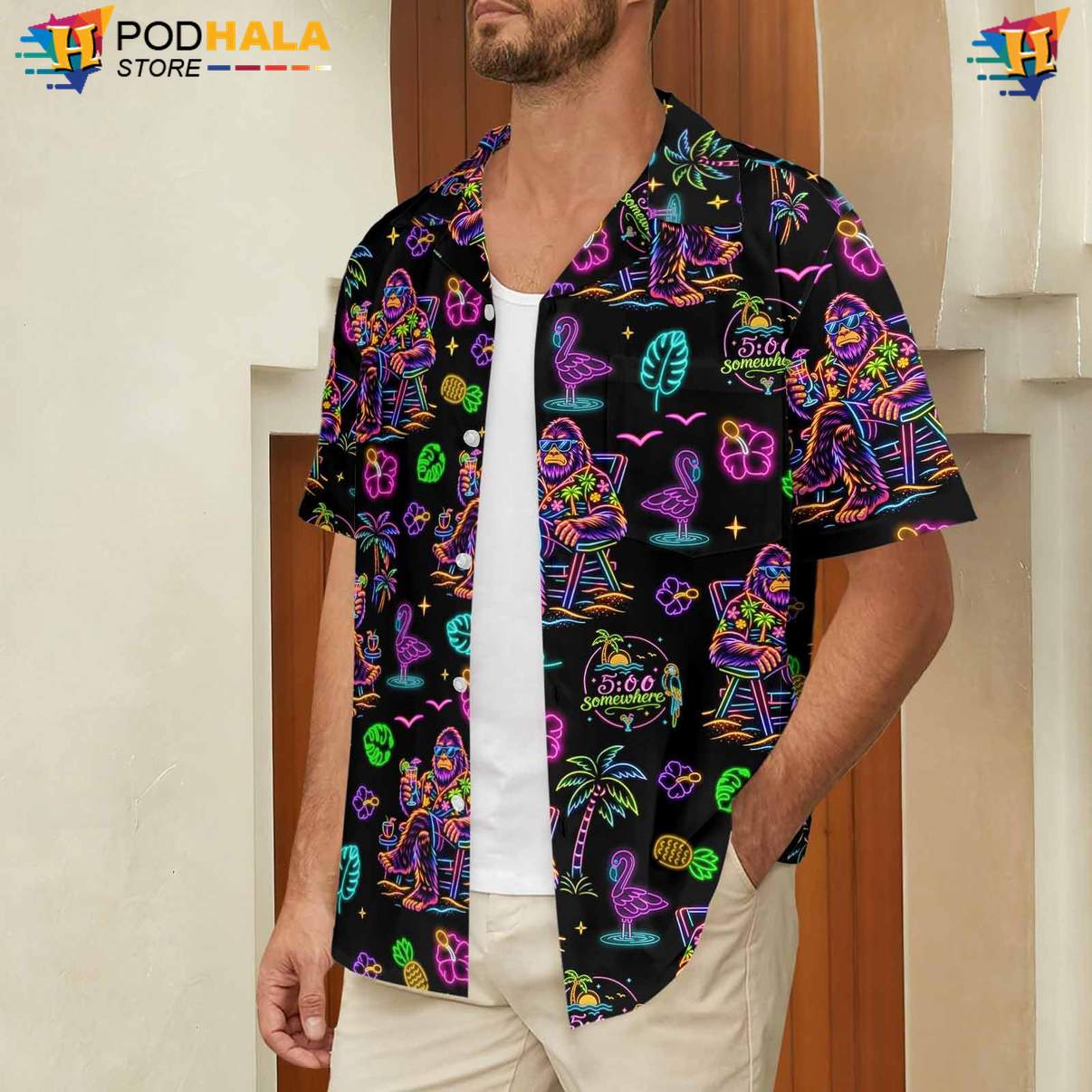 Neon Bigfoot Aloha Shirt Mens Funny Summer Beach Party Holiday Outfit Neon Bigfoot Aloha Shirt Mens Funny Summer Beach Party Holiday Outfit