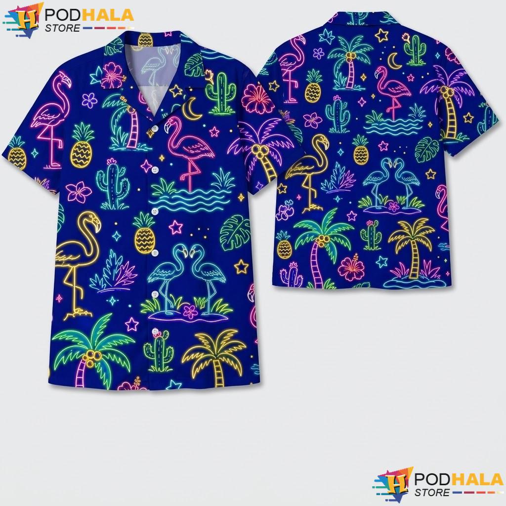 Neon Flamingo Graphic Aloha Shirt Vibrant Tropical Beach Outing Top