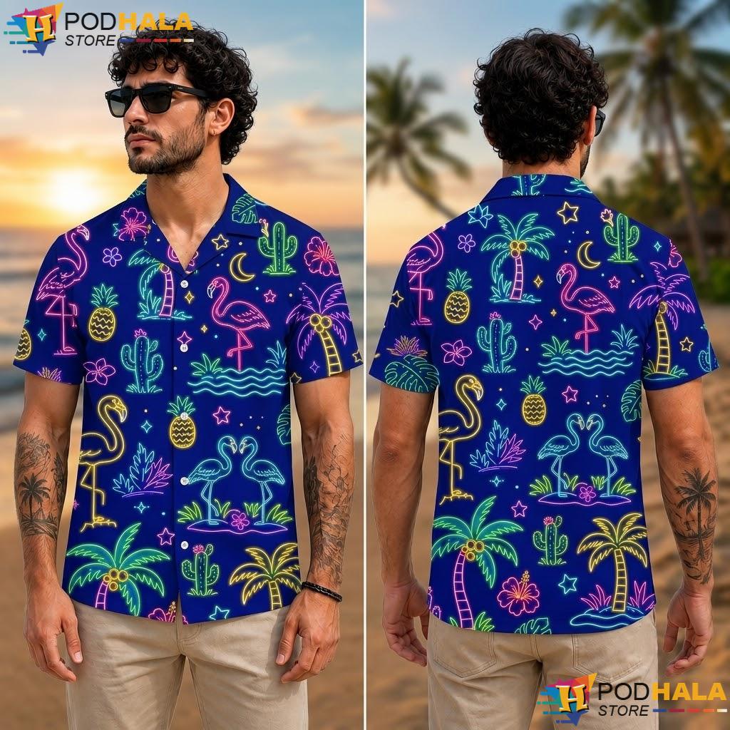 Neon Flamingo Graphic Tropical Shirt Vibrant Tropical Beach Outing Top Neon Flamingo Graphic Tropical Shirt Vibrant Tropical Beach Outing Top