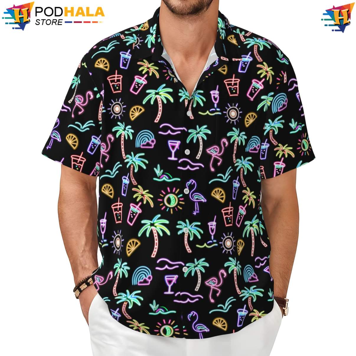 Neon Flamingo Hawaiian Shirt Funny Mens Short Sleeve Button Up Beachwear