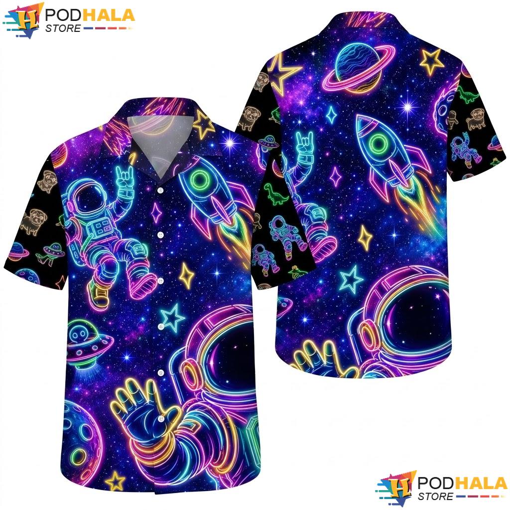Neon Galaxy Rocket Hawaiian Shirt Playful Space Astronaut Graphic Top