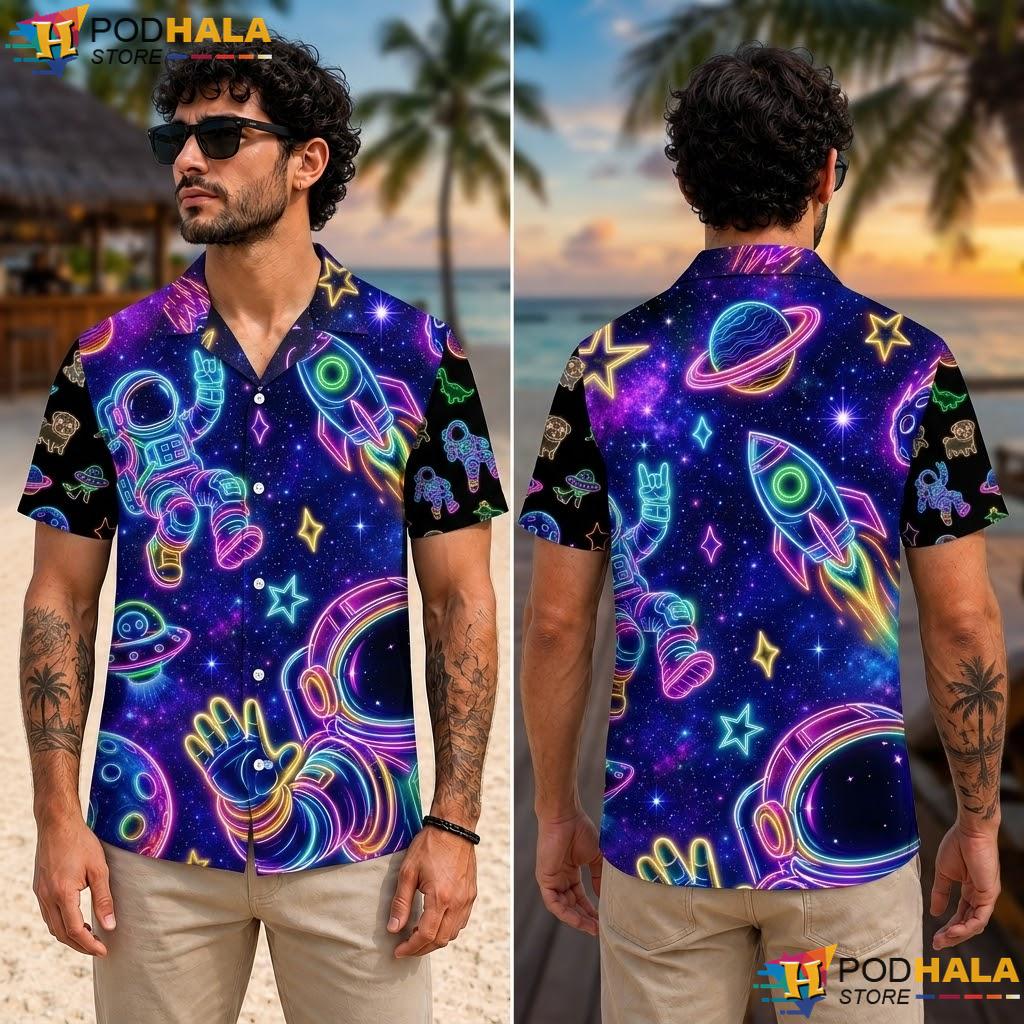 Neon Galaxy Rocket Aloha Shirt Playful Space Astronaut Graphic Top Neon Galaxy Rocket Aloha Shirt Playful Space Astronaut Graphic Top