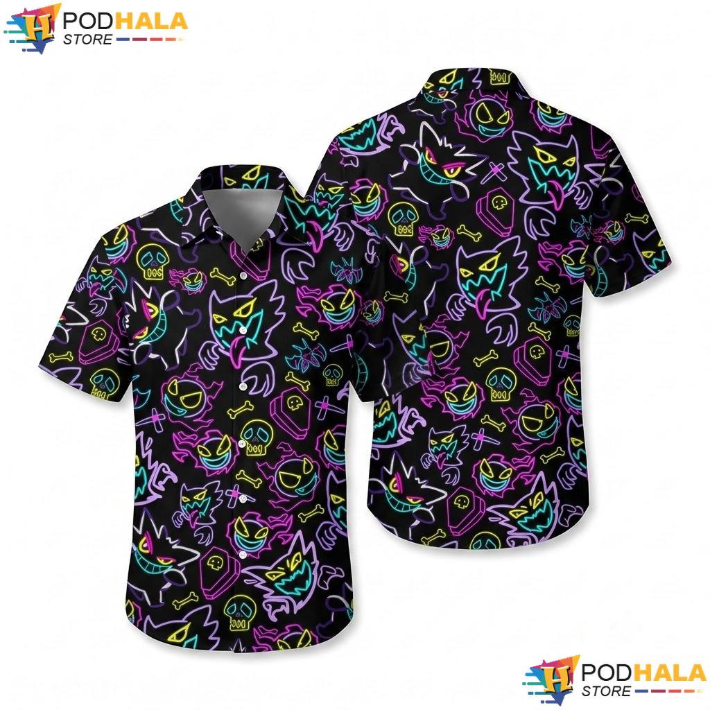 Neon Gengar Ghost Hawaiian Shirt Spooky Summer Beach Vacation Outfit