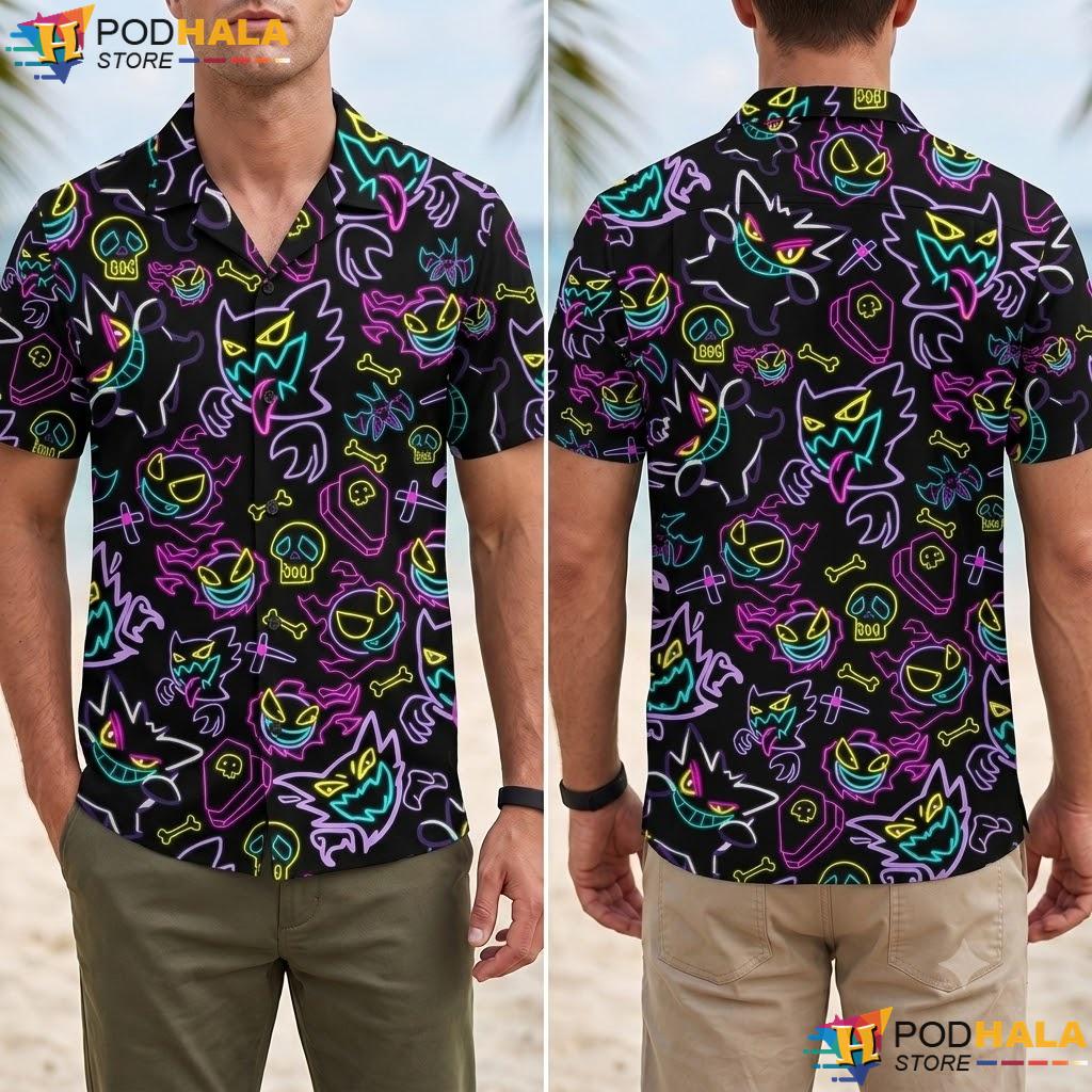 Neon Gengar Ghost Aloha Shirt Spooky Summer Beach Vacation Outfit Neon Gengar Ghost Aloha Shirt Spooky Summer Beach Vacation Outfit