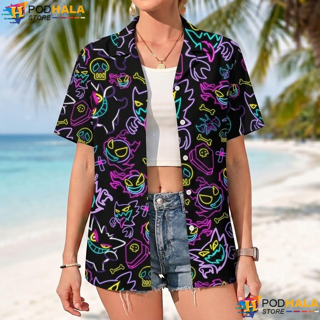 Neon Gengar Ghost Short-sleeve button-up shirt Spooky Summer Beach Vacation Outfit Neon Gengar Ghost Short-sleeve button-up shirt Spooky Summer Beach Vacation Outfit