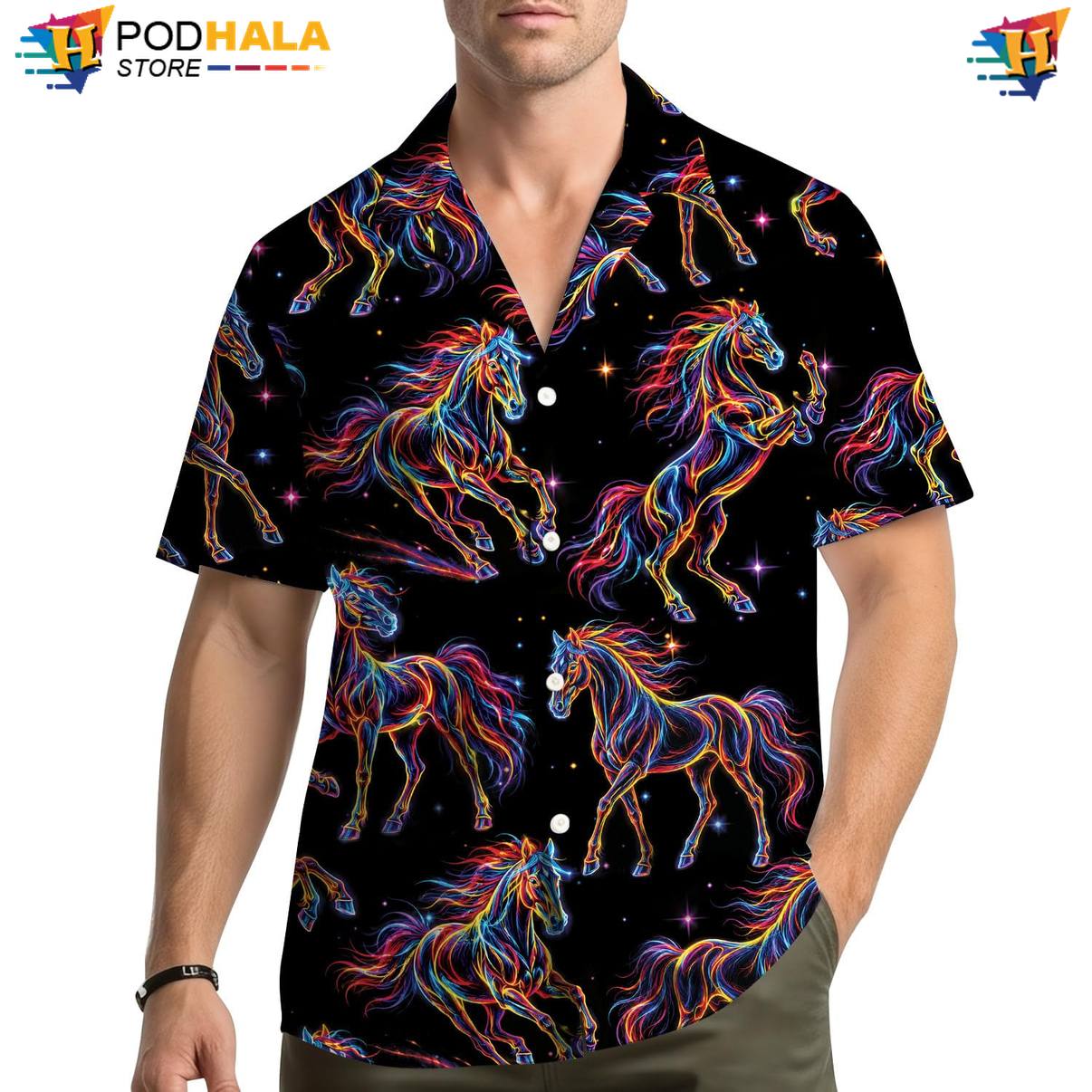 Neon Horse Fire Hawaiian Shirt Mens Tropical Weekend Luau Party Button Down