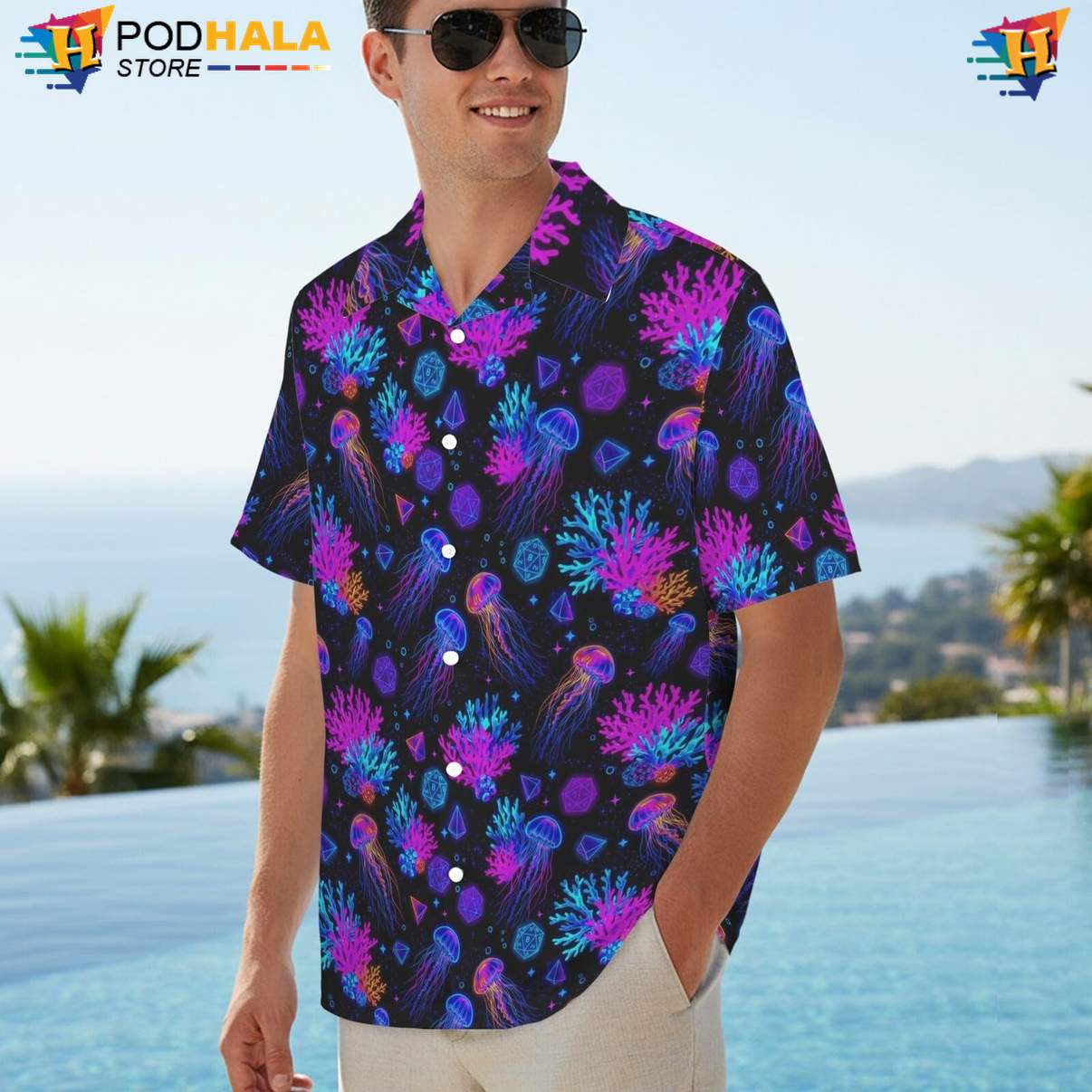 Neon Jellyfish Funny Short-sleeve button-up shirt Mens Summer Beach Party Vacation Outfit Neon Jellyfish Funny Short-sleeve button-up shirt Mens Summer Beach Party Vacation Outfit