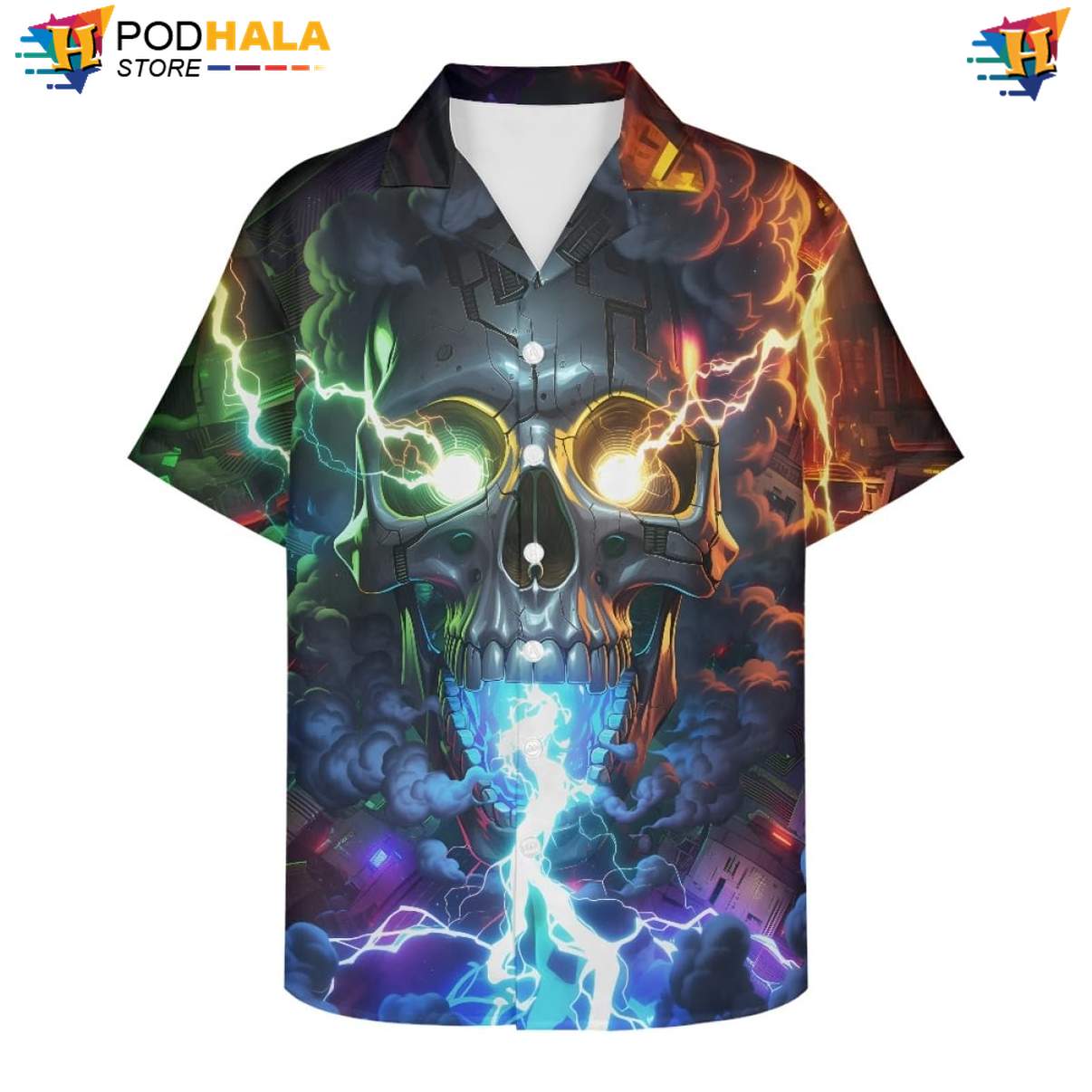 Neon Lightning Skull Aloha Shirt Mens Floral Spread Collar Beach Button Down