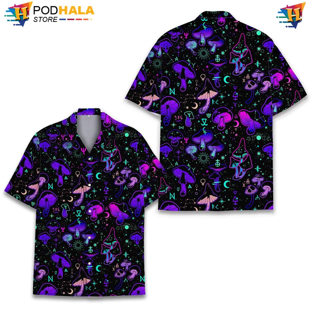 Neon Mushroom Hawaiian Shirt Mens Tropical Beach Button Down Resort Outfit